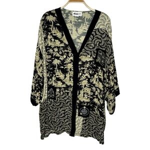 We Be Bop Kimono Duster Asian Toile‎ Print Open Front Cardigan Black Beige